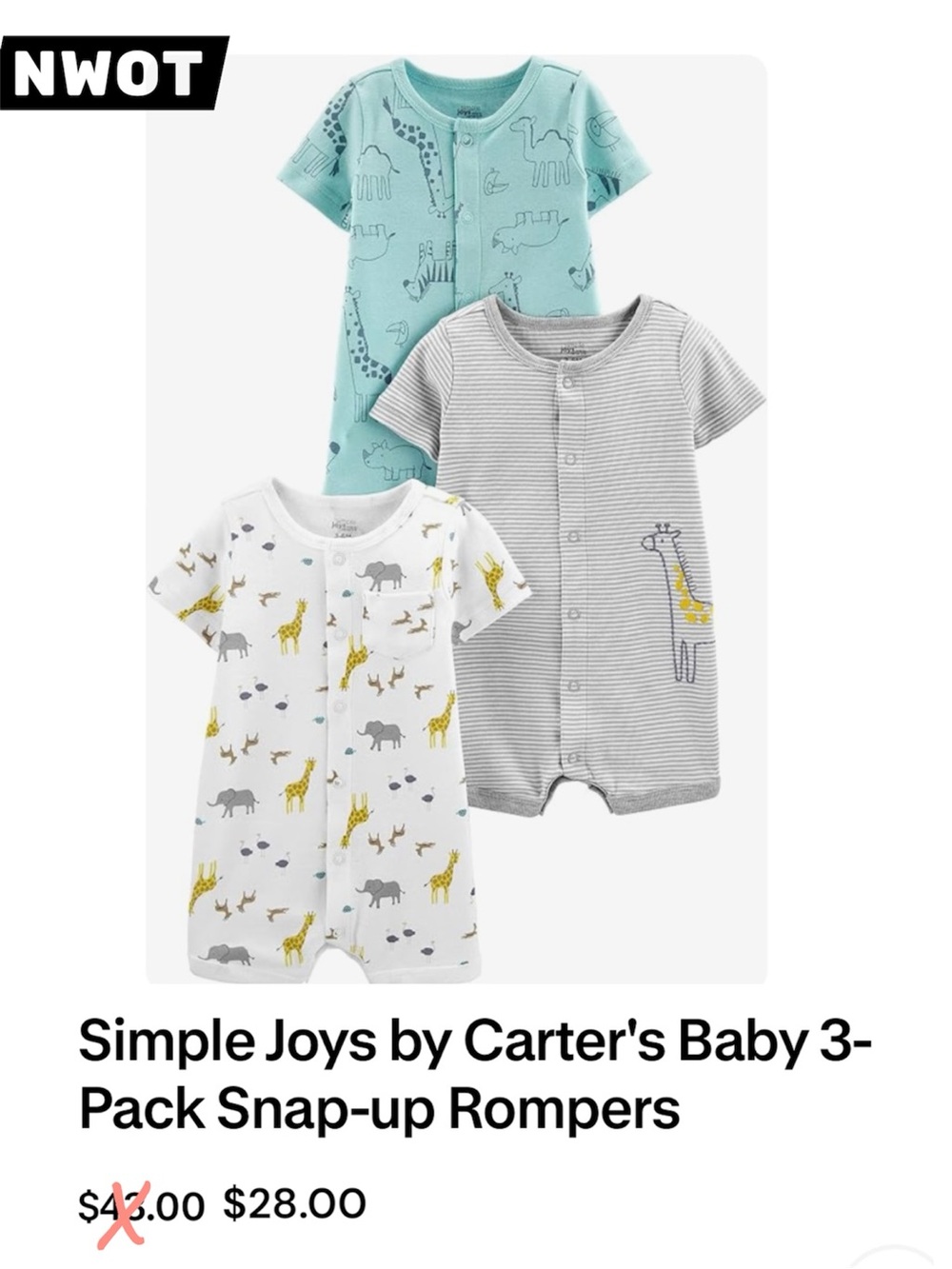 Carter's 3-Pack Safari Short-Sleeve One-Piece Rompers, Blue Gray White, Newborn
